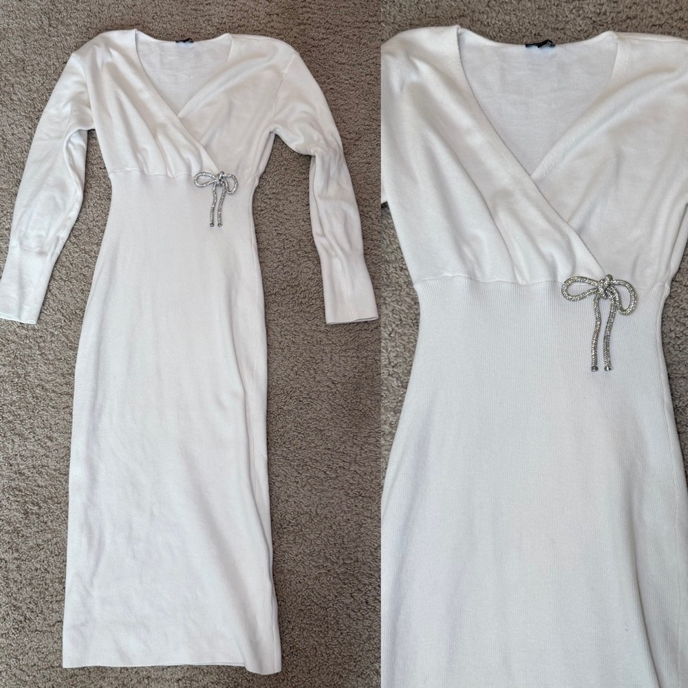 Elegant White Long Sleeve Sweater Dress